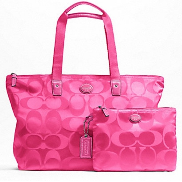 Coach Handbags - COACH Getaway Signature Nylon Packable Weekender Pink Berry, 2 piece set